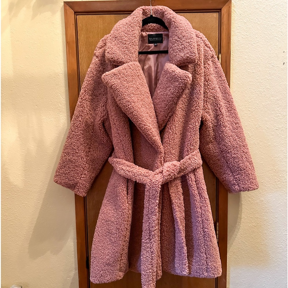 Eloquii Rose Pink Teddy Coat with Belted Waist